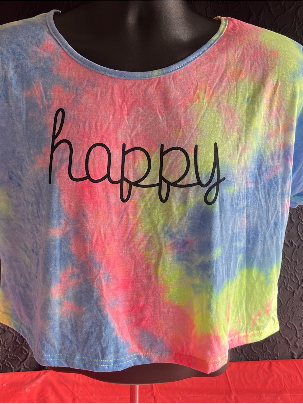 SweatyRocks Tie-Dye 'happy' Crop Top - Pink/Blue/Green